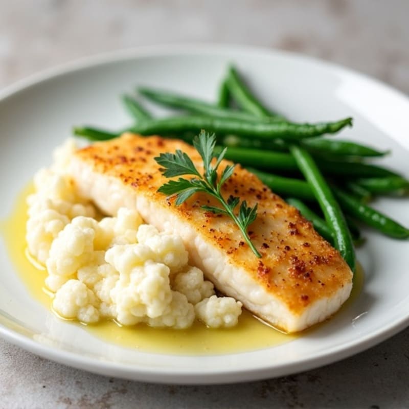 Baked Cod with Garlic Green Beans and Mashed Cauliflower