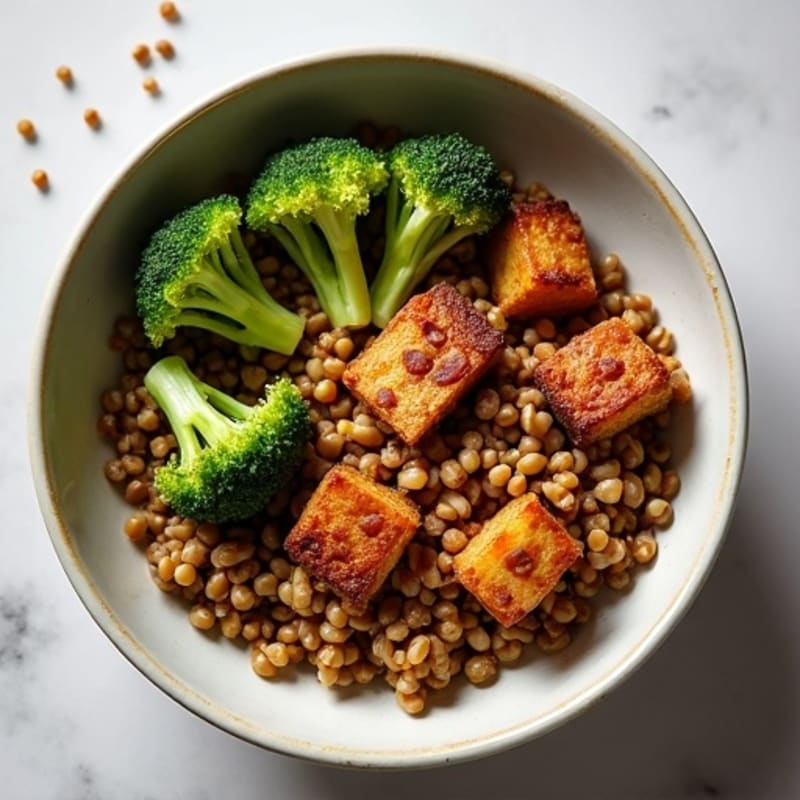 Lentil Walnut Crumble Bowl with Roasted Broccoli