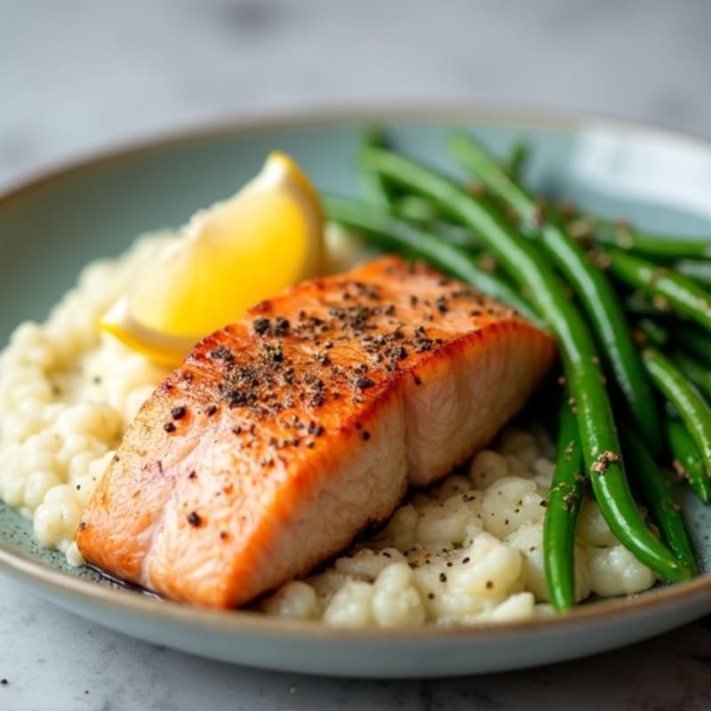 Seared Salmon with Steamed Green Beans and Cauliflower Mash