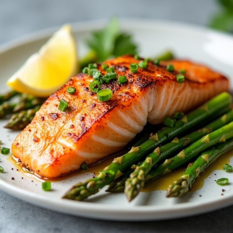 Crispy Pan-Seared Salmon with Garlic Roasted Asparagus