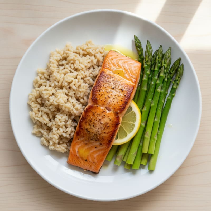Seared Salmon with Steamed Asparagus and Brown Rice