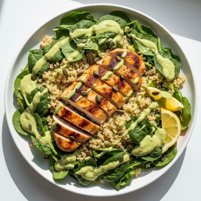 Grilled Chicken Breast with Creamy Quinoa Spinach Salad