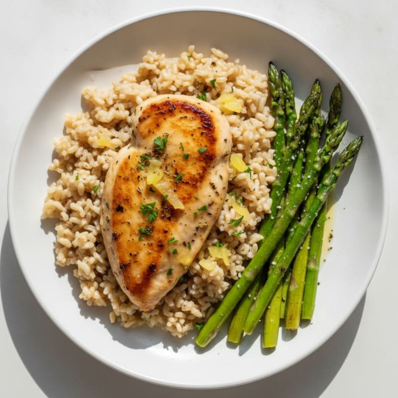 Lemon Herb Chicken with Roasted Asparagus and Brown Rice