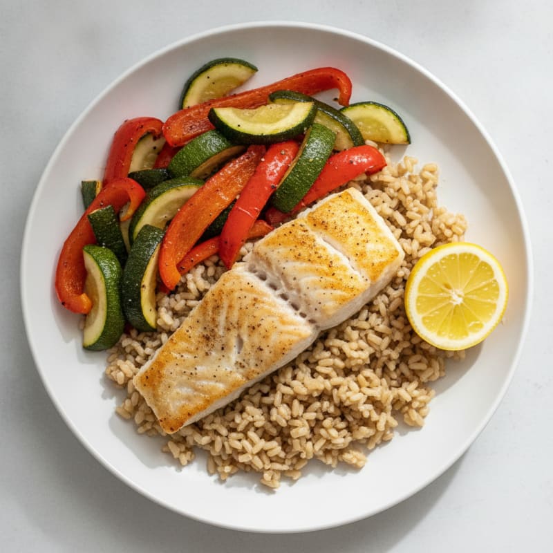 Seared Fish Fillet with Brown Rice and Roasted Vegetables