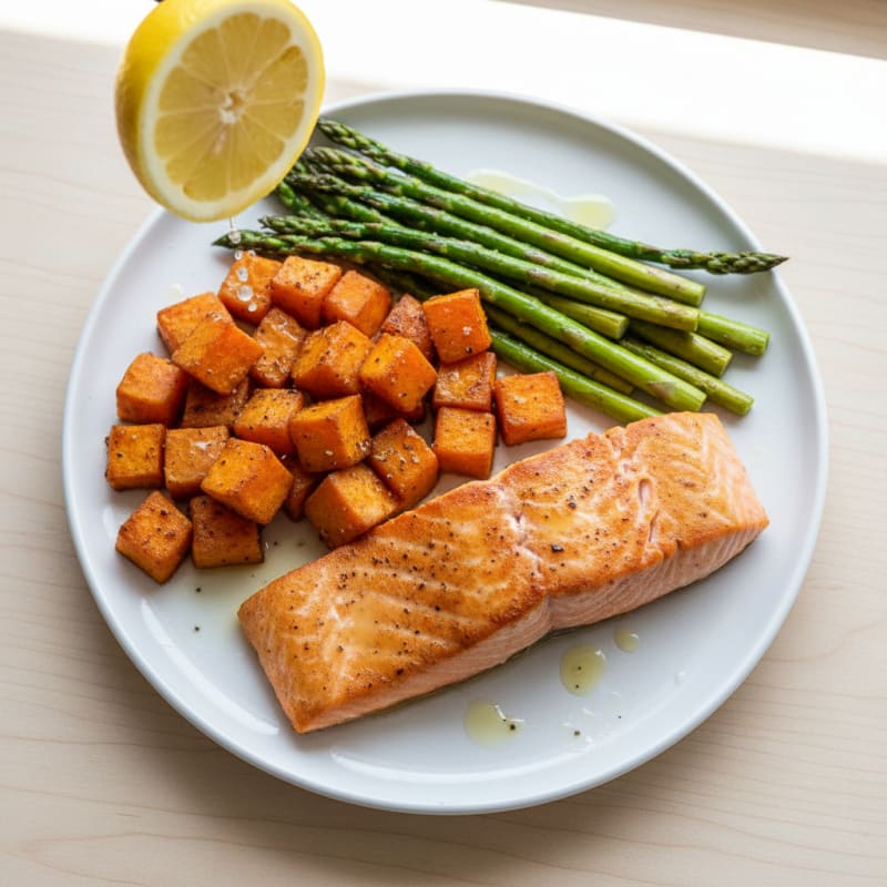 Seared Salmon Fillet with Roasted Sweet Potato and Asparagus