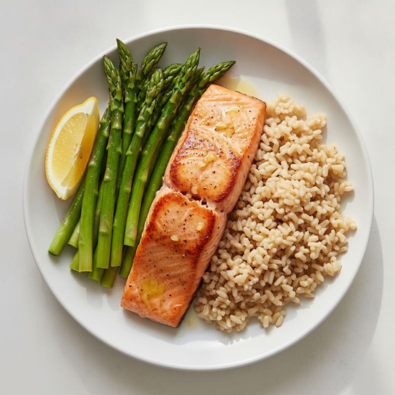 Seared Salmon with Steamed Asparagus and Brown Rice