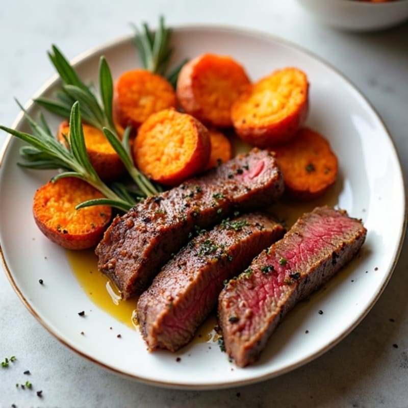 Crispy Garlic Herb Steak Strips with Roasted Sweet Potatoes