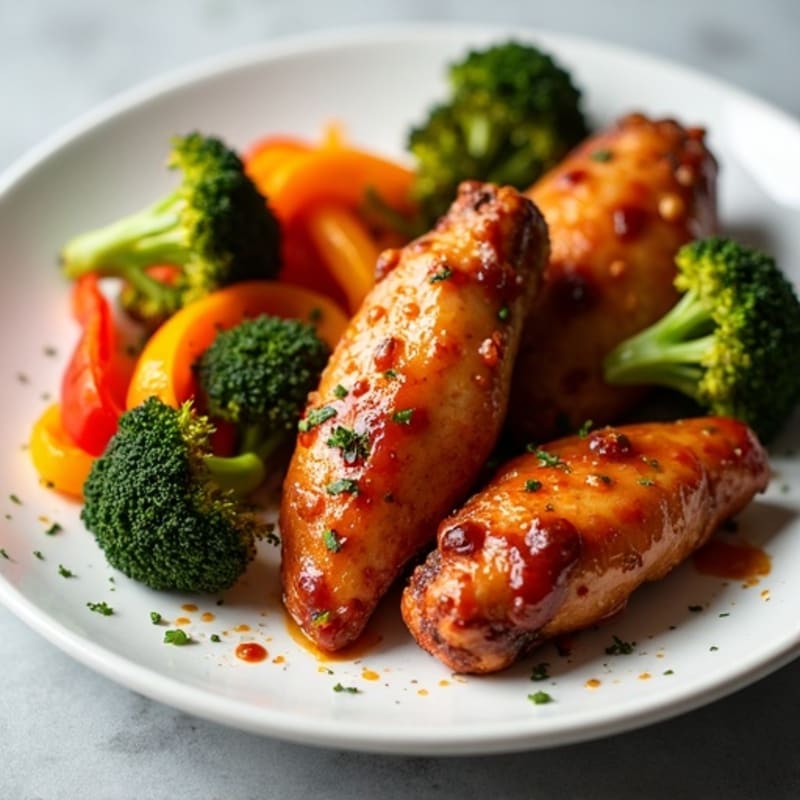 Spicy BBQ Roasted Chicken Wings with Crispy Roasted Broccoli and Bell Peppers