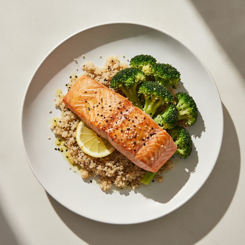 Seared Salmon Fillet with Steamed Broccoli and Quinoa