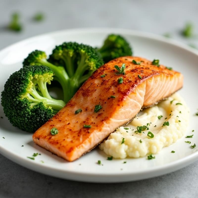 Seared Salmon Fillet with Steamed Broccoli and Garlic Cauliflower Mash