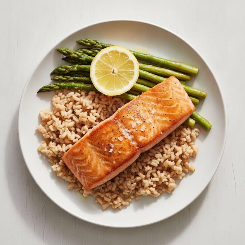 Seared Salmon with Steamed Asparagus and Brown Rice
