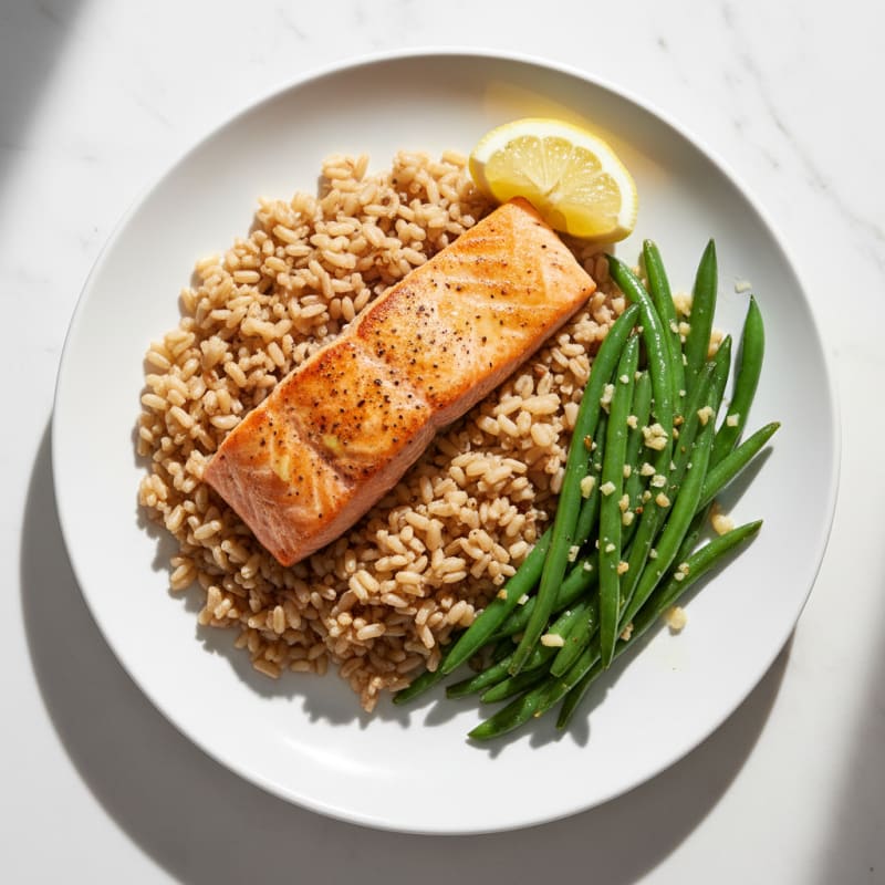 Seared Salmon with Garlic Green Beans and Brown Rice