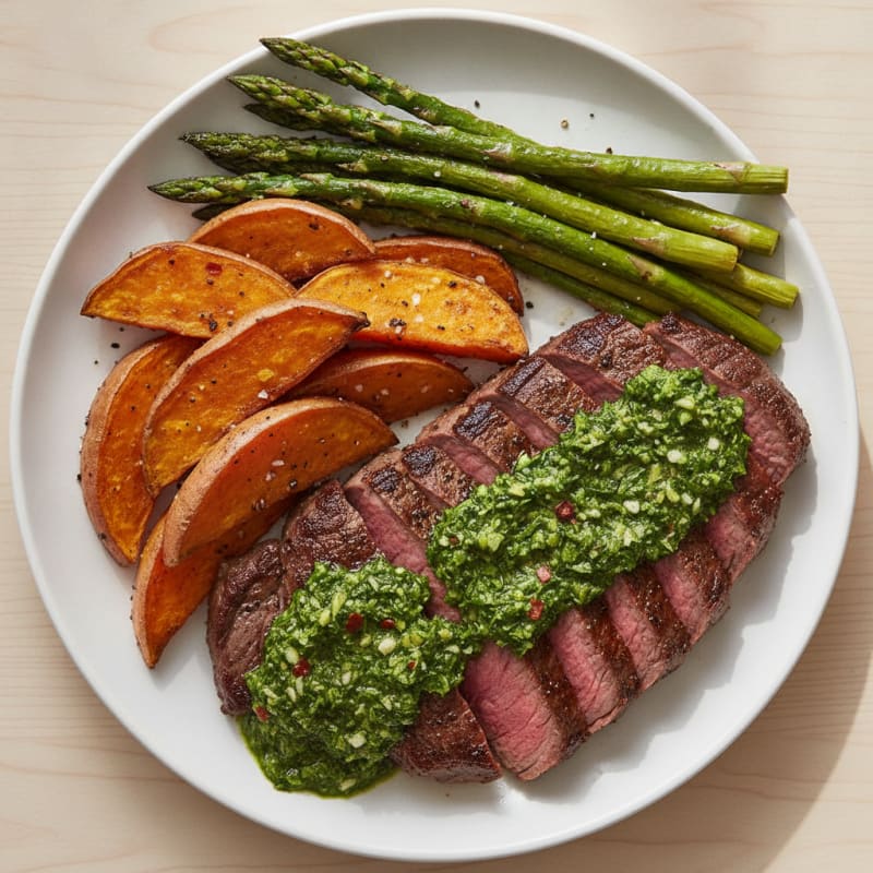 Steak with Chimichurri, Asparagus, and Sweet Potatoes