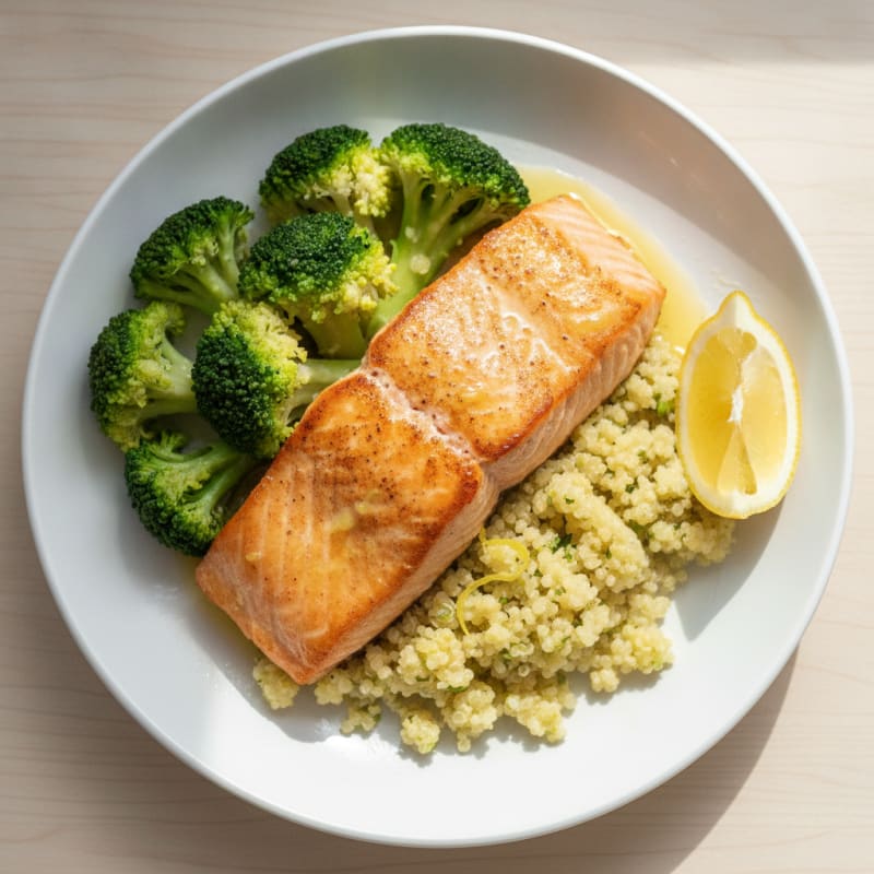 Seared Salmon with Steamed Broccoli and Lemon Quinoa