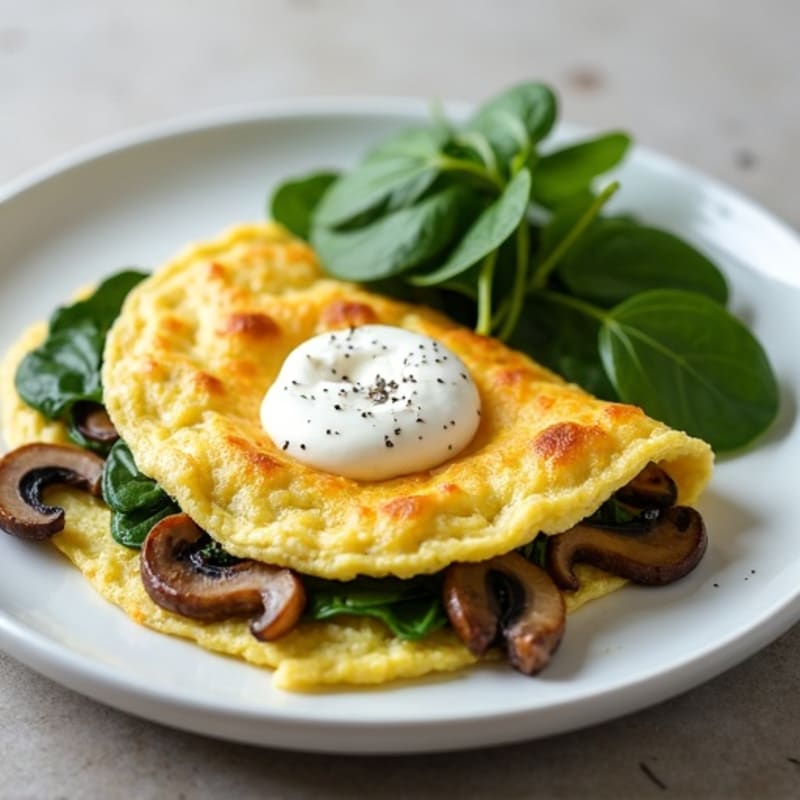 Egg White Spinach Omelette with Cottage Cheese and Sautéed Mushrooms