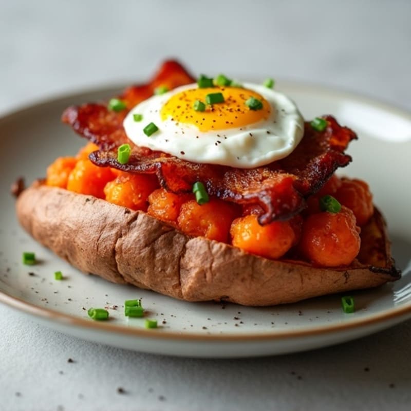Loaded Baked Sweet Potato with Crispy Turkey Bacon and Creamy Chive Topping