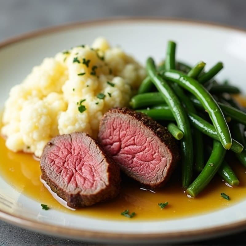 Seared Beef Tenderloin with Garlic Green Beans and Mashed Cauliflower