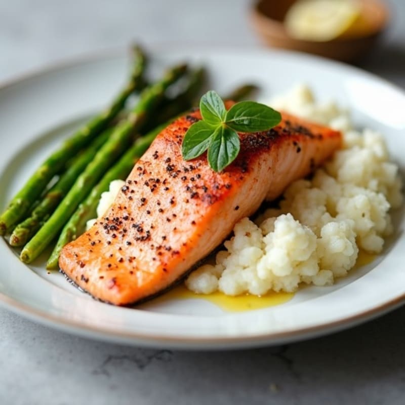 Seared Salmon with Steamed Asparagus and Cauliflower Mash