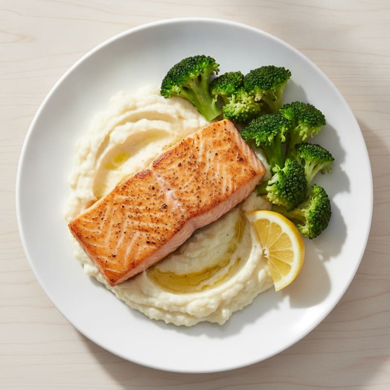 Seared Salmon with Steamed Broccoli and Garlic Cauliflower Mash