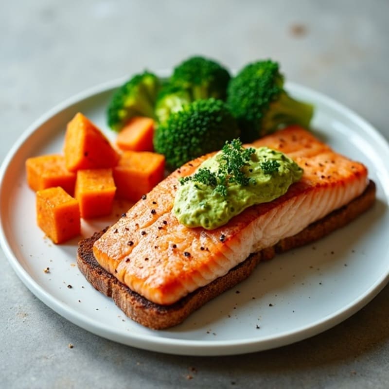 Seared Salmon with Roasted Sweet Potatoes, Steamed Broccoli & Avocado Toast