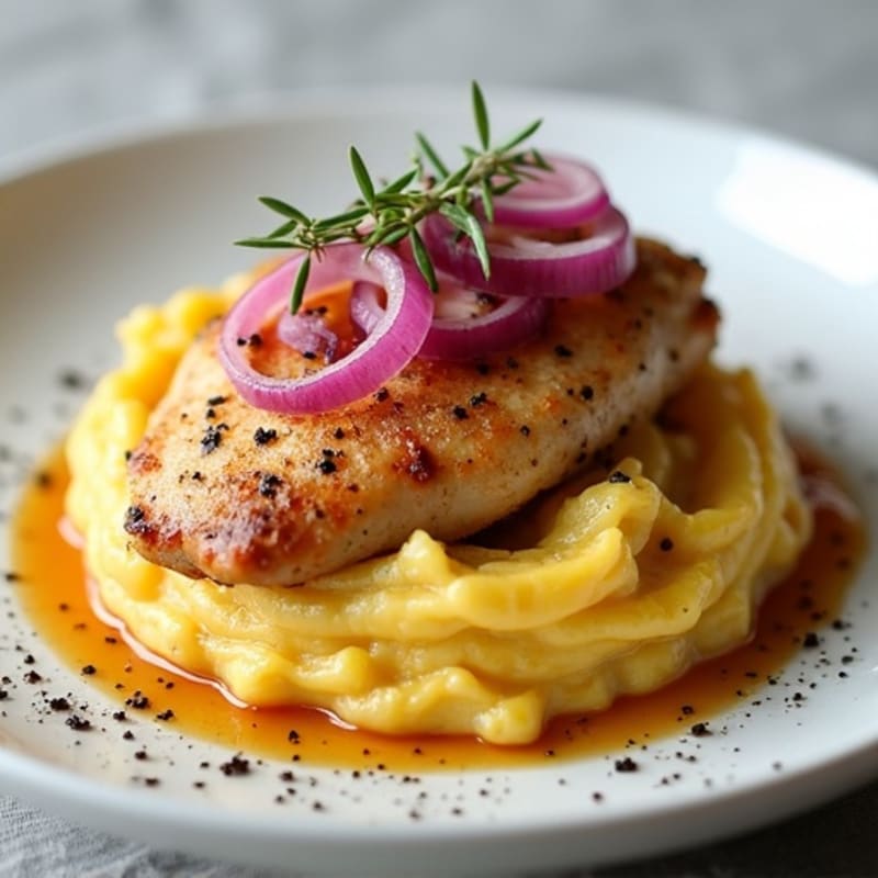 Creamy Mashed Plantains with Garlic-Herb Pan-Seared Chicken and Tangy Pickled Onions