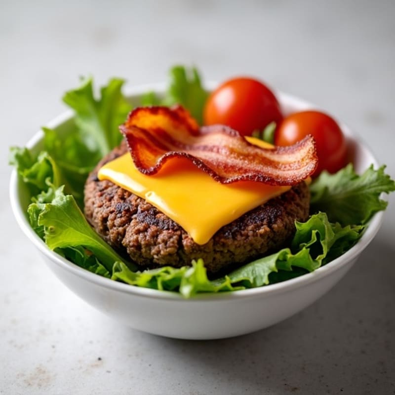 Lean Beef Burger Bowl with Crispy Bacon, Melted Cheddar, and Fresh Greens