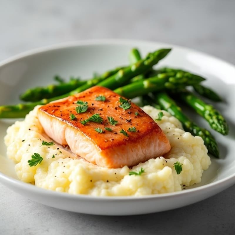 Seared Salmon with Steamed Asparagus and Mashed Cauliflower