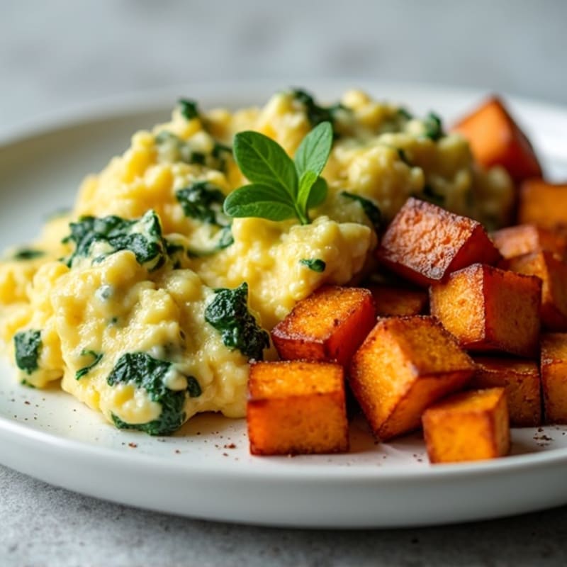 Egg White and Spinach Scramble with Roasted Sweet Potato Cubes