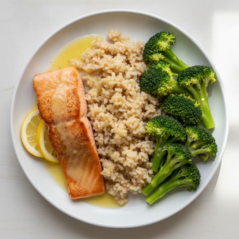 Seared Salmon with Steamed Broccoli and Brown Rice