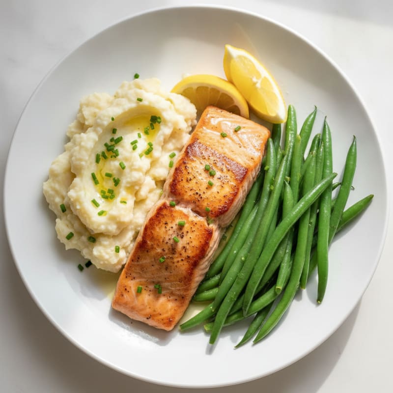 Seared Salmon with Steamed Green Beans and Garlic Mashed Cauliflower
