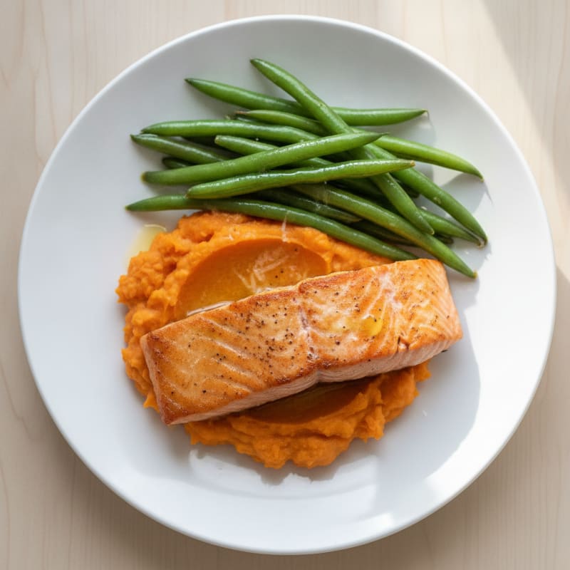 Seared Salmon with Steamed Green Beans and Sweet Potato Mash