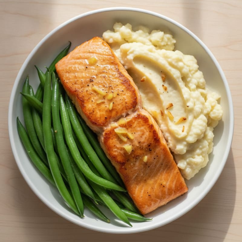 Seared Salmon with Steamed Green Beans and Garlic Mashed Cauliflower
