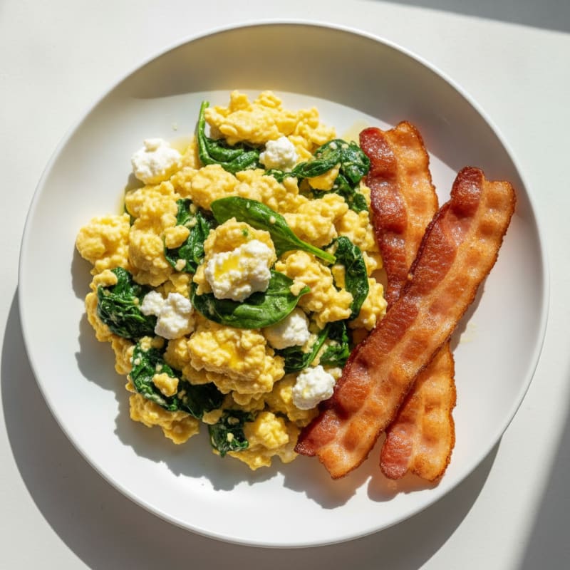 Cottage Cheese Egg Scramble with Spinach and Turkey Bacon