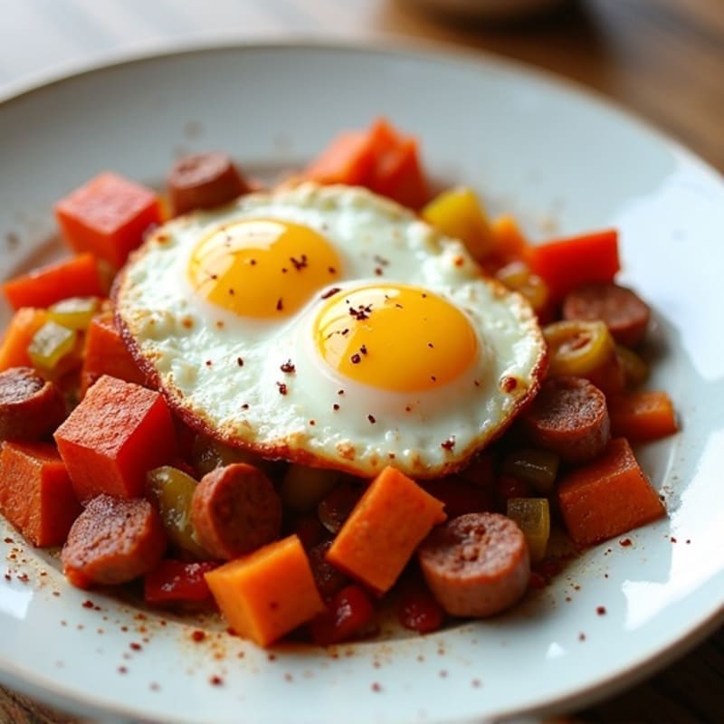 Spicy Chorizo Sweet Potato Hash with Baked Eggs