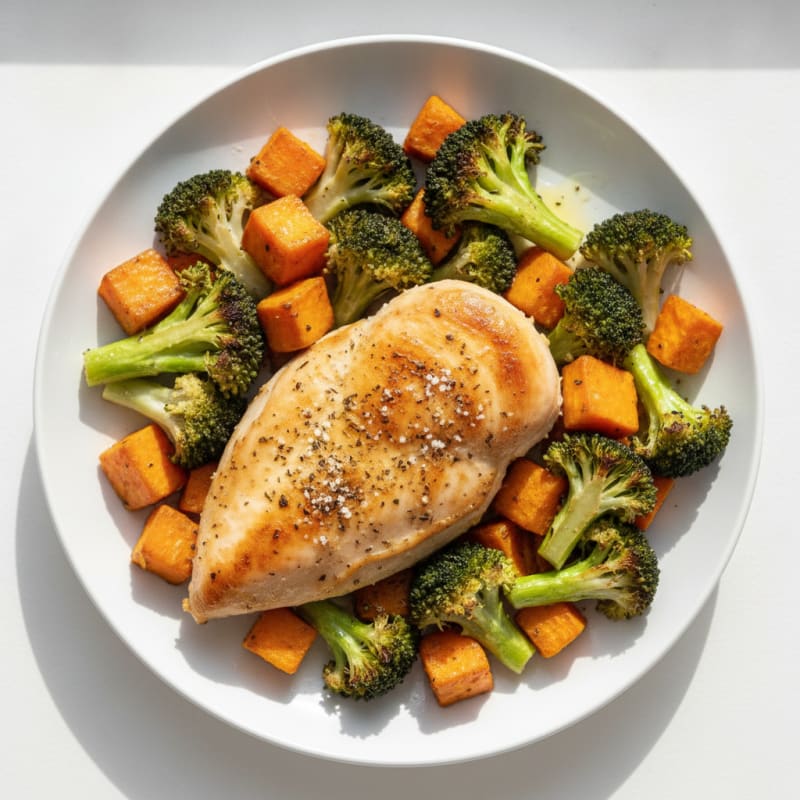 Baked Chicken Breast with Roasted Broccoli and Sweet Potato