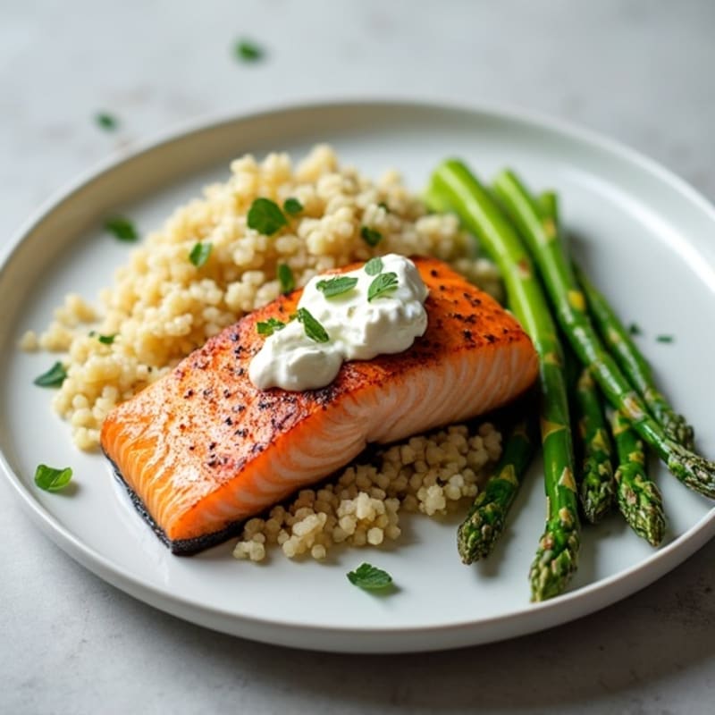 Seared Salmon Fillet with Roasted Asparagus, Quinoa & Cottage Cheese Topping