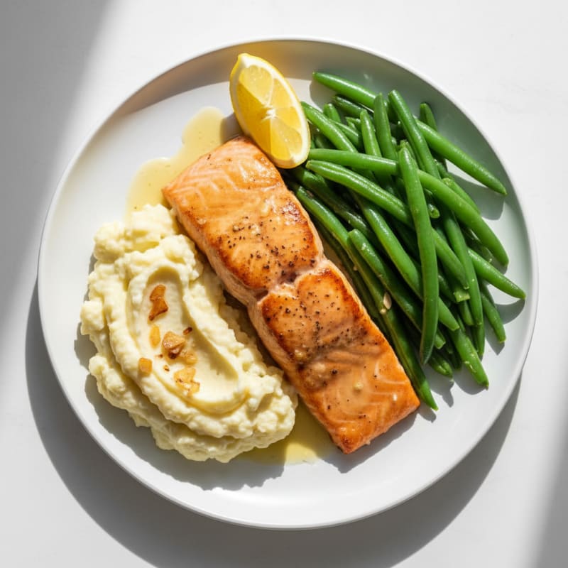 Seared Salmon with Steamed Green Beans and Garlic Mashed Cauliflower