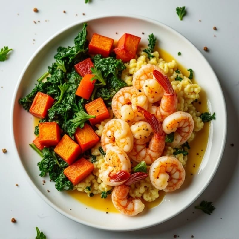 Egg White Scramble with Shrimp and Roasted White Sweet Potato