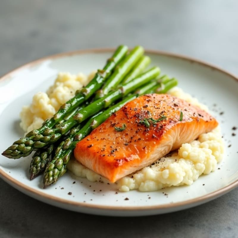 Seared Salmon Fillet with Roasted Asparagus and Cauliflower Mash