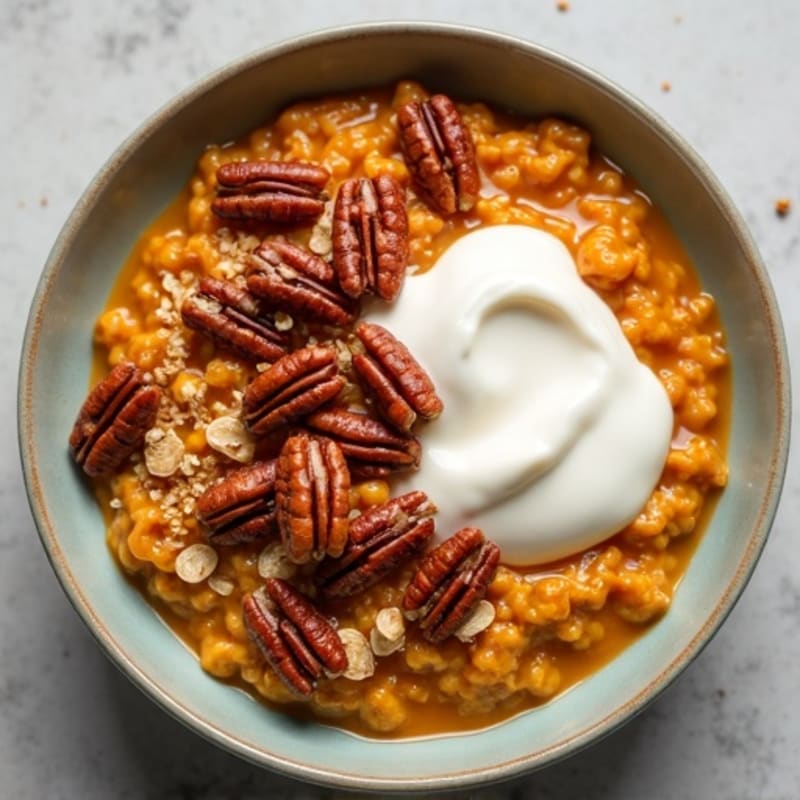 Pumpkin Spice Protein Oatmeal Bowl with Maple Pecans