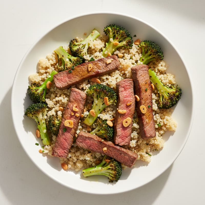 Seared Lean Beef Strips with Roasted Broccoli and Quinoa