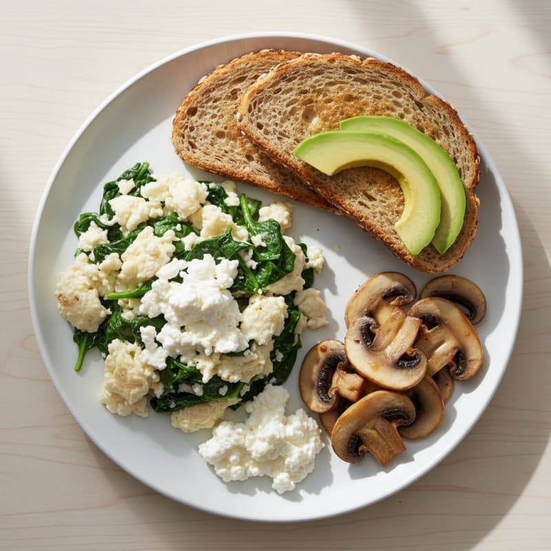 Egg White and Spinach Scramble with Cottage Cheese and Sautéed Mushrooms