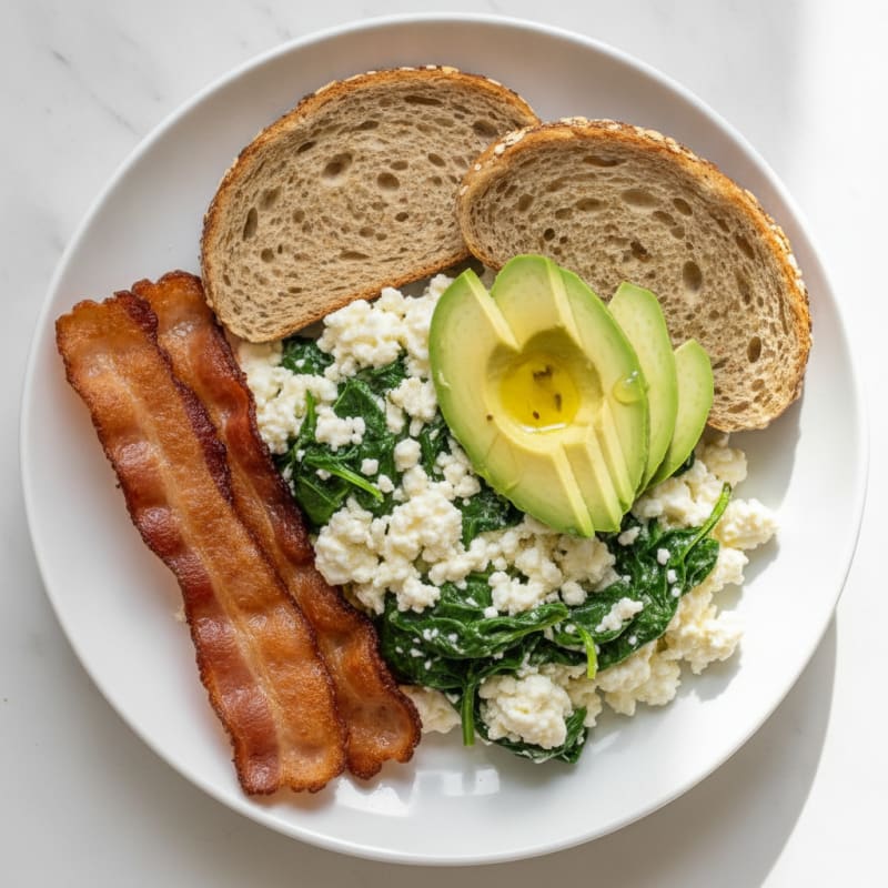 Cottage Cheese Egg White Scramble with Spinach and Turkey Bacon