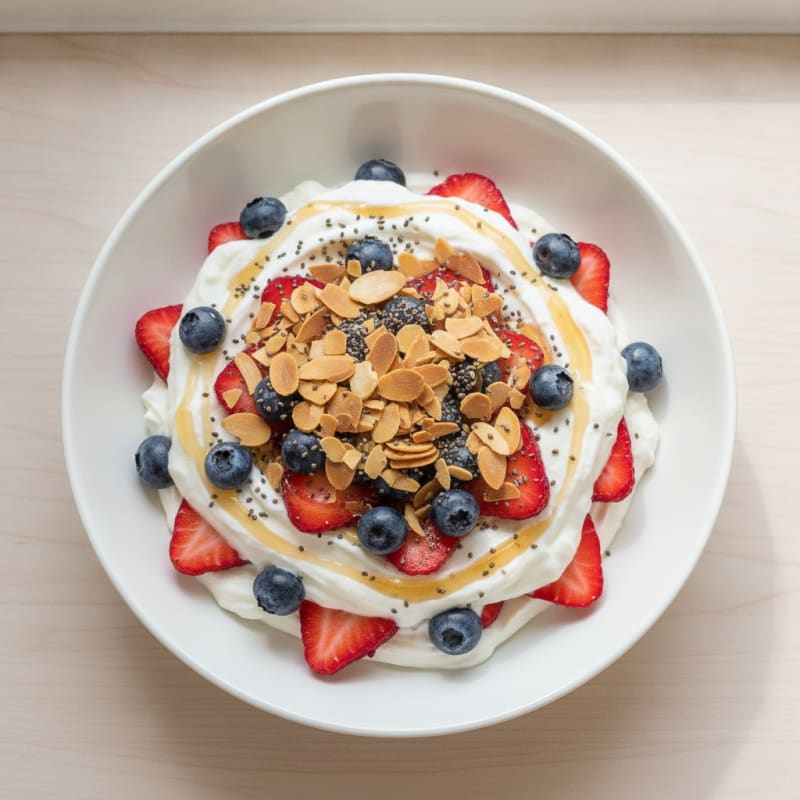 High-Protein Greek Yogurt Parfait with Mixed Berries and Protein Powder