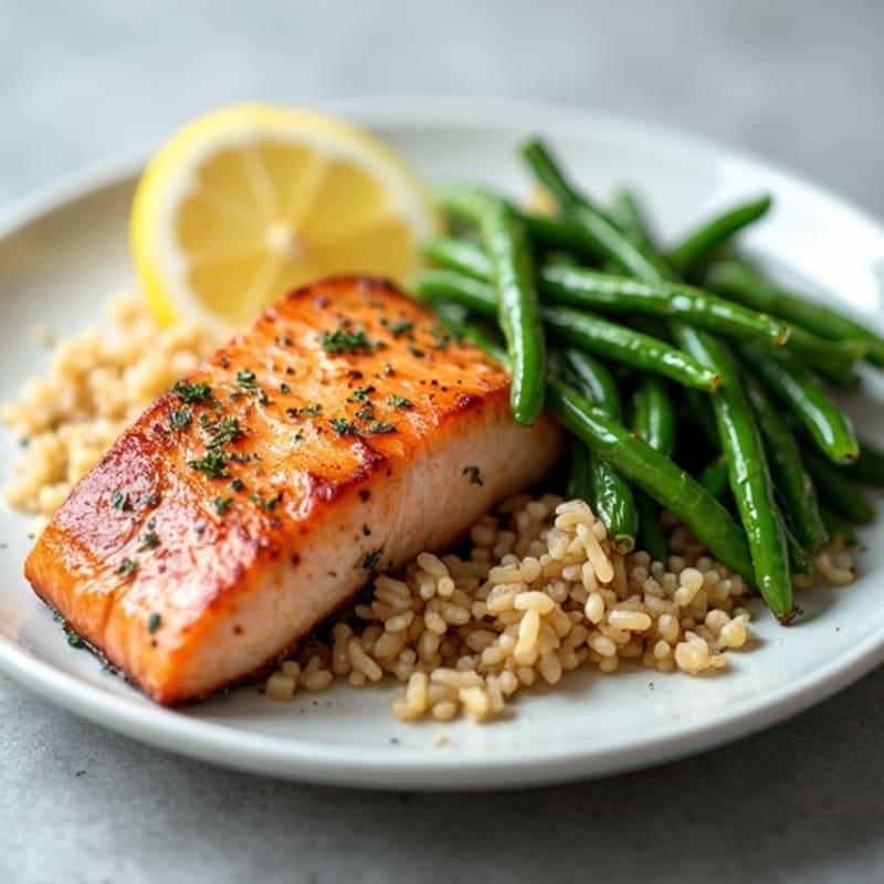Seared Salmon Fillet with Garlic Green Beans and Brown Rice