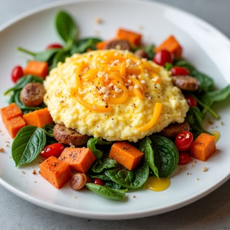 Egg White Scramble with Chicken Sausage and Roasted Sweet Potato