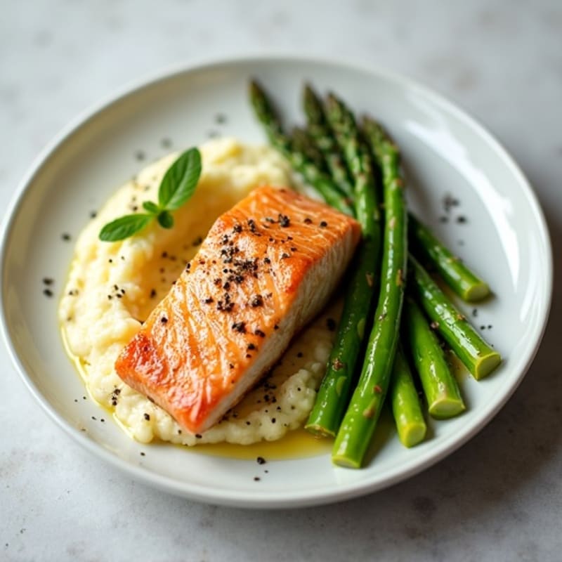 Seared Salmon with Steamed Asparagus and Cauliflower Mash
