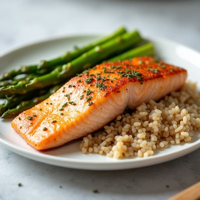 Seared Salmon Fillet with Steamed Asparagus and Brown Rice