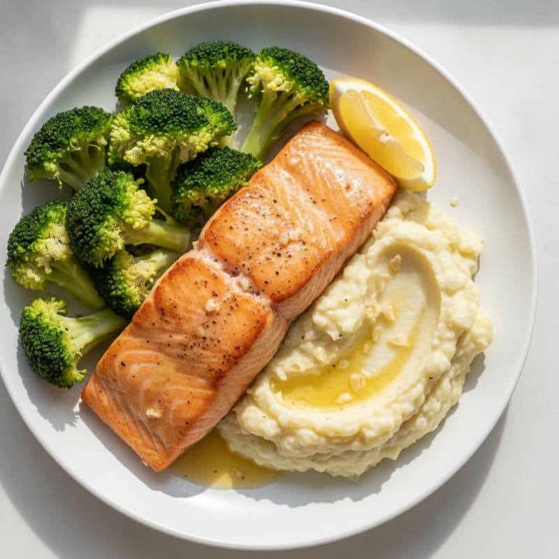 Seared Salmon Fillet with Steamed Broccoli and Garlic Mashed Cauliflower