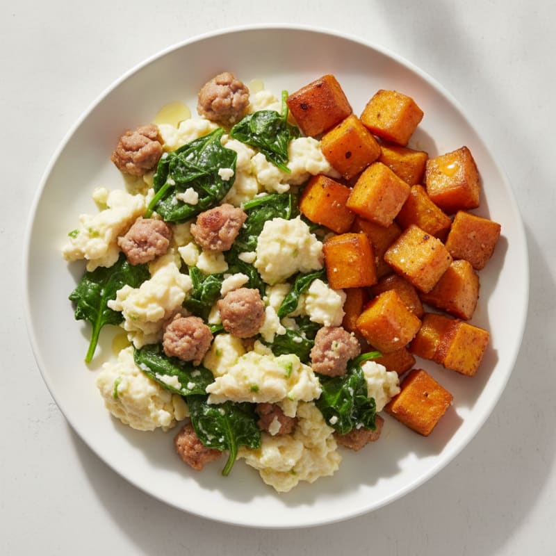 Egg White and Turkey Sausage Scramble with Spinach and Roasted Sweet Potatoes